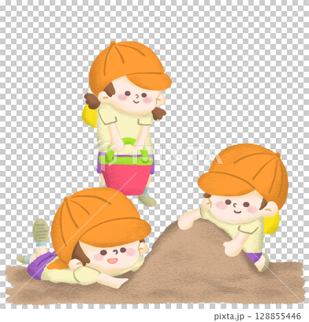 Illustration of children playing in the sandbox, making a big mountain 128855446