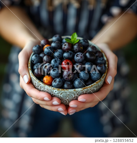 woman holding handful of berries 128855652