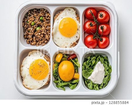 Healthy meal prep with eggs, grains, and fresh vegetables in container 128855884