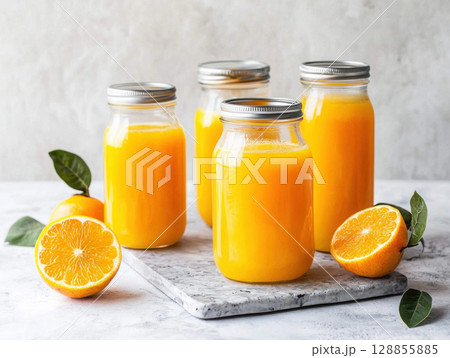 Fresh orange juice in jars with oranges on marble surface 128855885