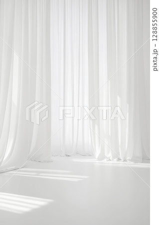 Minimalistic background with white transparent curtains. Light room with tulle 128855900