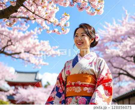 着物の女性と桜 128856075