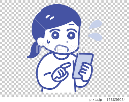 一位年輕女子難以看清她的智慧型手機(上半身,線條畫) 一位年輕女子難以看清她的智慧型手機(上半身,線條畫) 128856084
