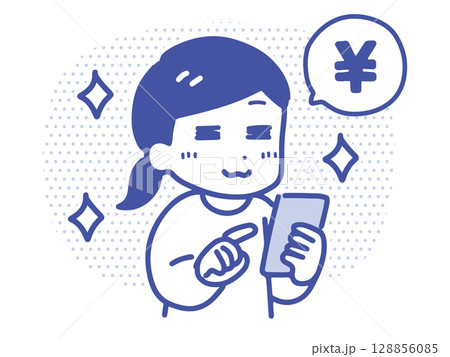 スマホでお金のやりとりをする笑顔の若い女性(上半身・線画) スマホでお金のやりとりをする笑顔の若い女性(上半身・線画) 128856085