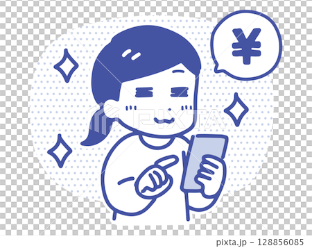スマホでお金のやりとりをする笑顔の若い女性(上半身・線画) スマホでお金のやりとりをする笑顔の若い女性(上半身・線画) 128856085