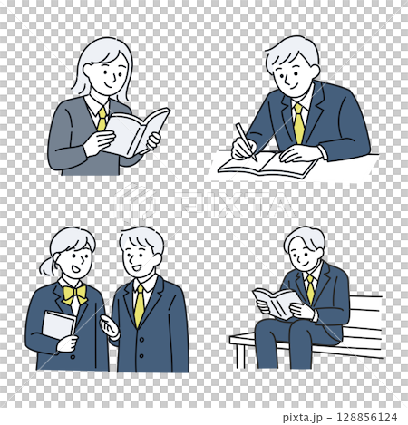Illustration set of students reading, talking, and studying 128856124