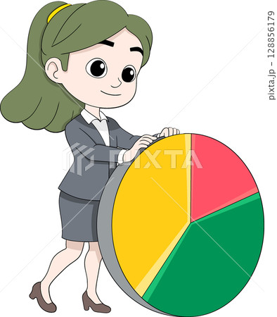 Businesswoman Analyzing Colorful Pie Chart Illustration Businesswoman Analyzing Colorful Pie Chart Illustration 128856179