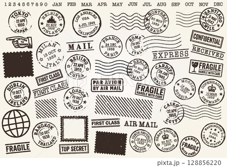 Vintage Travel Stamps grunge postage stamp set. Old destination Post stamp collection. Retro grunge postmark. Vintage grunge postage stamp. Postal Vector illustration image. Isolated on background. 128856220