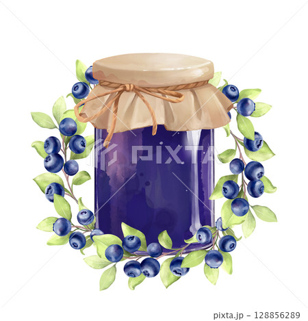 Hand-drawn Blueberry Jam Jar Illustration. Homemade Dessert. Hand-drawn Blueberry Jam Jar Illustration. Homemade Dessert. 128856289