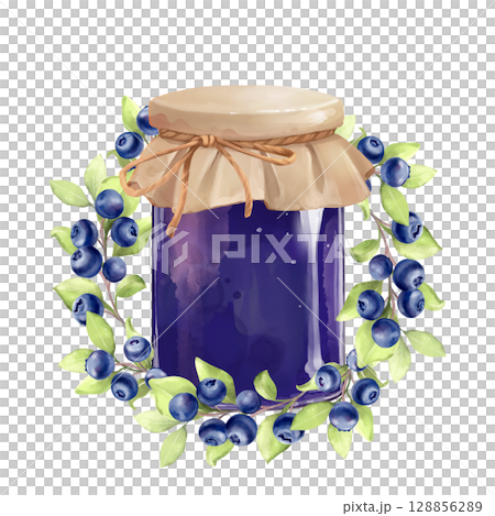 Hand-drawn Blueberry Jam Jar Illustration. Homemade Dessert. 128856289