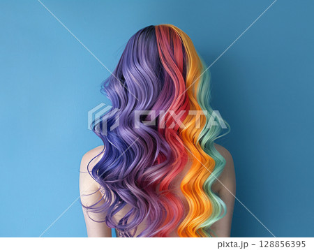 Rainbow hair in a girl. Long flowing hair that cascades down like a river of rainbow colors. AI Generated. 128856395