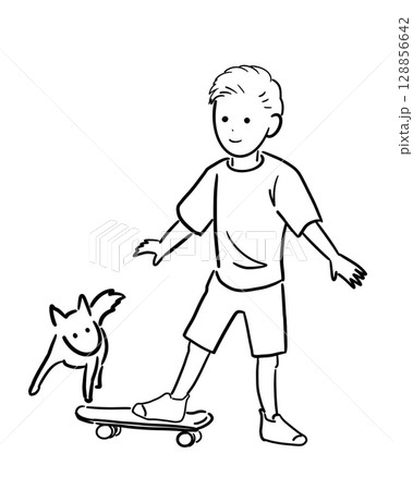 スケボーする少年と傍で遊ぶ子犬のモノクロームのイラスト スケボーする少年と傍で遊ぶ子犬のモノクロームのイラスト 128856642