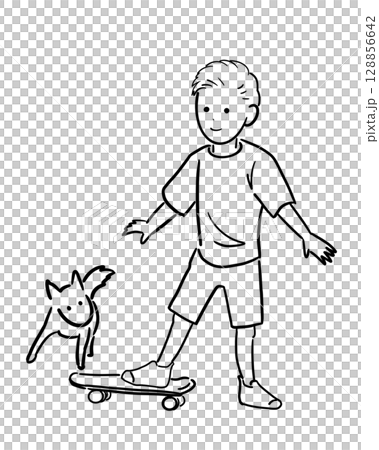 一個男孩在玩滑板，旁邊有一隻小狗在玩耍的單色插圖 128856642