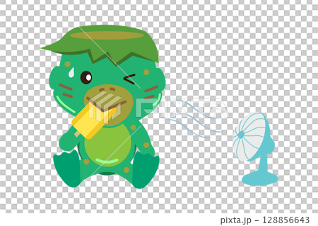 Illustration of a kappa eating ice cream in front of a fan 128856643