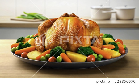 Roasted turkey served with colorful vegetables on a festive dining table preparing for a delicious meal Roasted turkey served with colorful vegetables on a festive dining table preparing for a delicious meal 128856670