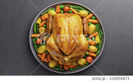 Deliciously roasted turkey surrounded by colorful vegetables served on a platter during a festive gathering Deliciously roasted turkey surrounded by colorful vegetables served on a platter during a festive gathering 128856671