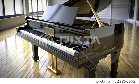 Elegant grand piano sits on polished wooden floor in a bright, spacious room with large windows allowing natural light Elegant grand piano sits on polished wooden floor in a bright, spacious room with large windows allowing natural light 128856672