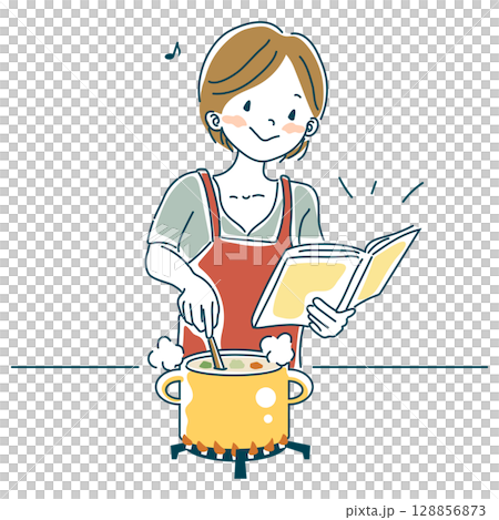 レシピを見ながら料理をする女性 128856873