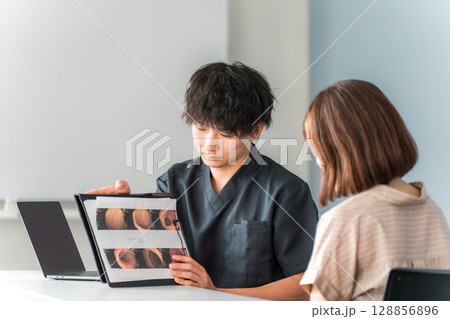 内視鏡検査で検査画像を見ながら女性患者と話をする男性医師 128856896