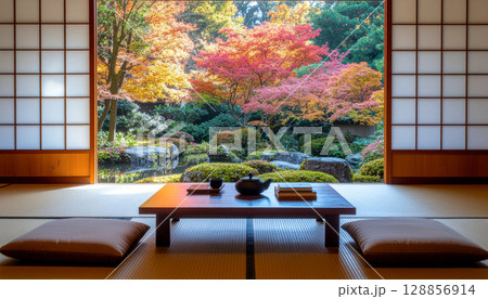 紅葉に包まれた和室と日本庭園の秋景色 128856914