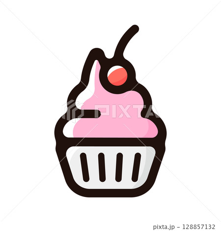 カップケーキのイラストアイコン（ケーキ・スイーツ・食べ物メニュー素材） 128857132