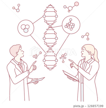 Scientists Engage in Deep Discussions about DNA and Molecular Structures in Their Laboratory 128857199