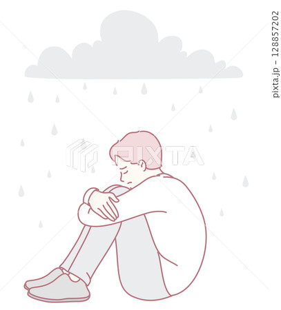 An illustration depicting a young boy who is feeling sad while sitting under a gloomy, rainy cloud An illustration depicting a young boy who is feeling sad while sitting under a gloomy, rainy cloud 128857202