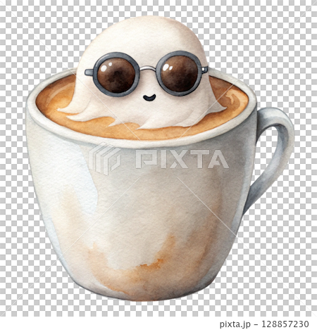 A cute little ghost wearing sunglasses sits coolly in a coffe clipart watercolor 128857230