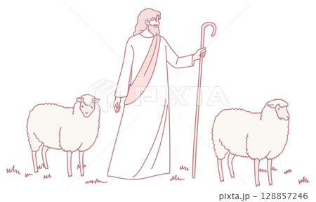Illustration of a devoted shepherd guiding his flock of sheep through serene countryside 128857246