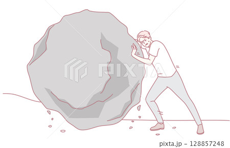 A man pushing a large boulder symbolizes the challenges of perseverance and determination 128857248