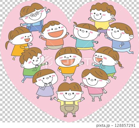 孩子們的笑容和聯繫給心臟著色的向量插圖 孩子們的笑容和聯繫給心臟著色的向量插圖 128857291