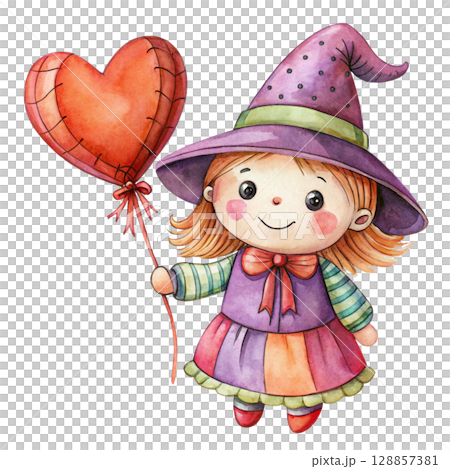 rag doll cute little witch Holding a heart balloon clipart watercolor rag doll cute little witch Holding a heart balloon clipart watercolor 128857381