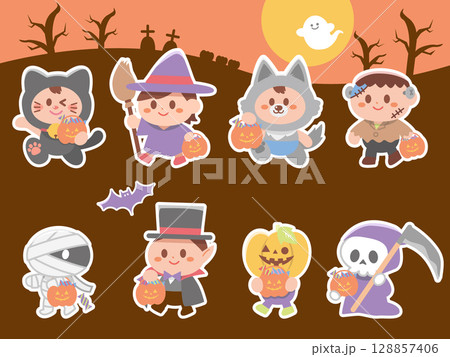 ハロウィーンの仮装をした子供達の背景付イラストセット ハロウィーンの仮装をした子供達の背景付イラストセット 128857406