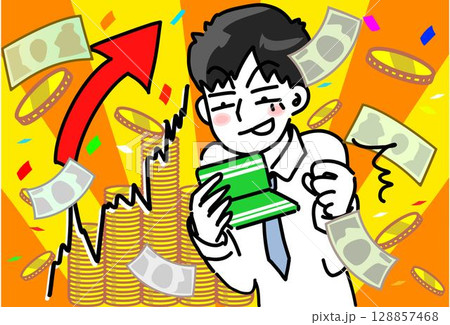 株投資で大金を手にし預金通帳を確認するサラリーマンのベクターイラスト 128857468