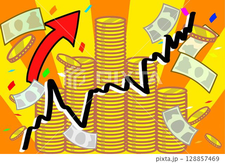 株価上昇お金が舞う積み上がったコインのリッチな背景ベクターイラスト 128857469