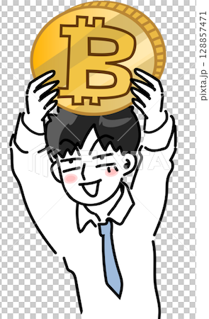 仮想コインを掲げて浮かれるサラリーマンの漫画風ベクターイラスト 128857471