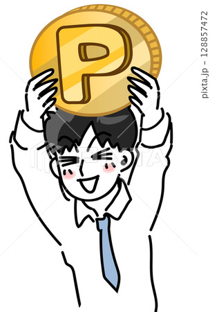 仮想コインを掲げて浮かれるサラリーマンの漫画風ベクターイラスト 128857472