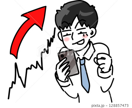 仮想通貨の上昇をスマホで確認する若手サラリーマンのベクターイラスト 仮想通貨の上昇をスマホで確認する若手サラリーマンのベクターイラスト 128857473