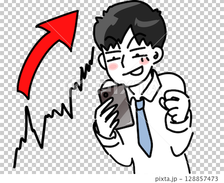 仮想通貨の上昇をスマホで確認する若手サラリーマンのベクターイラスト 仮想通貨の上昇をスマホで確認する若手サラリーマンのベクターイラスト 128857473