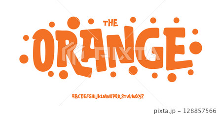 Bold playful cartoon font with juicy orange shapes and funky squared rounded style. Perfect for kids branding, fruit packaging, cheerful titles, and summer visuals. Vector typeset 128857566