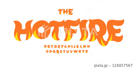Burning comic font, bold flaming letters, funky bonfire alphabet, hot cartoon typeface, playful summer typography, flame typographic design. Vector typeset 128857567