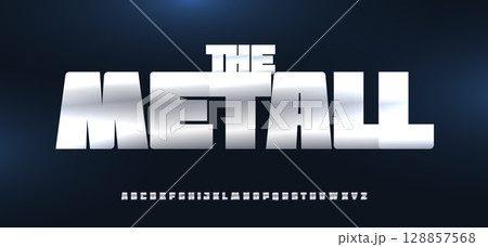 Bold metallic chrome font logo alphabet heavy industrial typographic typographic design for video game, movie title, poster, cyber techno branding, auto car service title signboard. Vector typeset 128857568