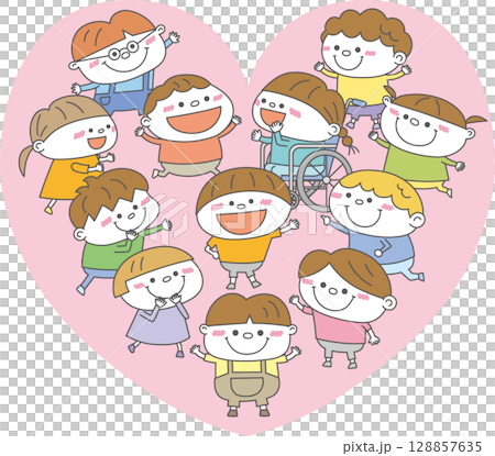 多様な子どもたちが笑顔で集うハートの中の世界｜インクルーシブ社会と思いやりを表現したイラスト 128857635
