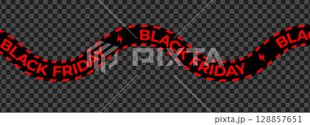 Black Friday Sale Line Ribbon Banner with Red Text on Black Tape. Wavy Striped Design Isolated on White Background for Ecommerce, Promotions, and Shopping Ads. Vector Illustration. 128857651