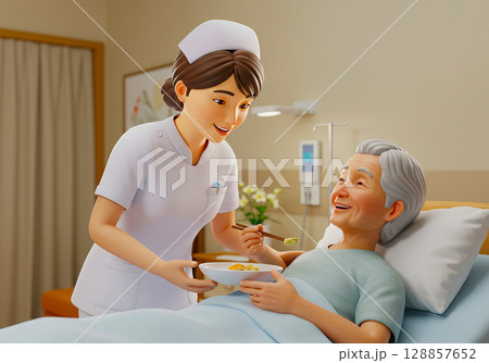 食事介助をする介護士と高齢者の女性 128857652