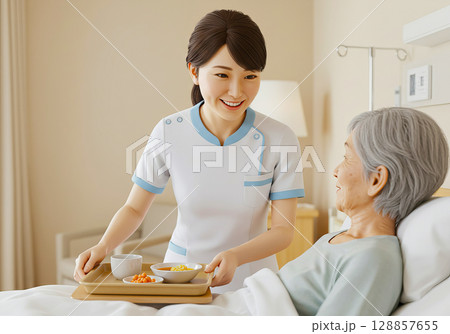 食事介助をする介護士と高齢者の女性 128857655