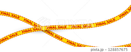 Yellow promo ribbon, bold red text, final sale tape for shopping ad, urgent retail zone, checkout stripe design, clean product alert. Vector illustration. 128857675