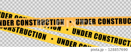 Under construction yellow warning tape safety stripe. Caution barrier stripe for safety zone, blocked area, website page, road work, site maintenance, redesign progress. Vector illustration. 128857690