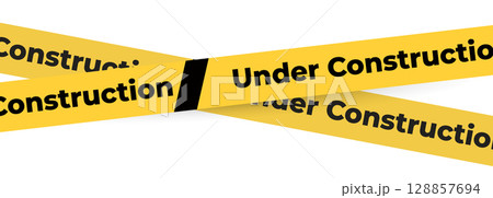 Under construction yellow warning tape safety stripe. Caution barrier stripe for safety zone, blocked area, website page, road work, site maintenance, redesign progress. Vector illustration. 128857694