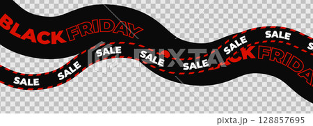 Black Friday Sale Banner with Wavy Red and Black Tape Featuring Bold and Outlined Text on Transparent Background for Promotions and Marketing. Vector Illustration. 128857695